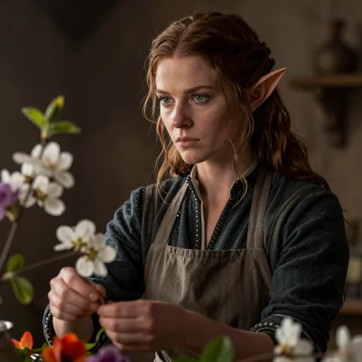 A poised elf woman with pointed ears and watchful eyes, an apron over fine dark clothes, arranging bright blossoms with hands that plainly know other work — a “retired” assassin running a flower shop, until the past walks back in.
