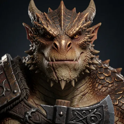 A massive bronze-scaled dragonborn barbarian with a blunt reptilian snout, battle-scarred hide and a heavy axe held low, calm and watchful — soft-spoken, and he only ever unleashes his rage to protect others.