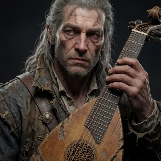 A weathered human bard with greying stubble, tired eyes and a fine but threadbare coat, cradling a worn lute like an old friend — washed-up and half-forgotten, chasing one last legendary song.
