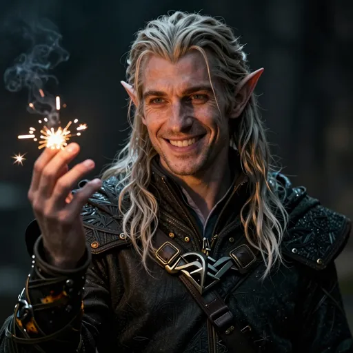 A dashing half-elf sorcerer with faintly pointed ears and an easy, charming smile, a stray spark of wild magic crackling off one hand and his robe-cuffs a little singed — he always means well, and always makes things worse.