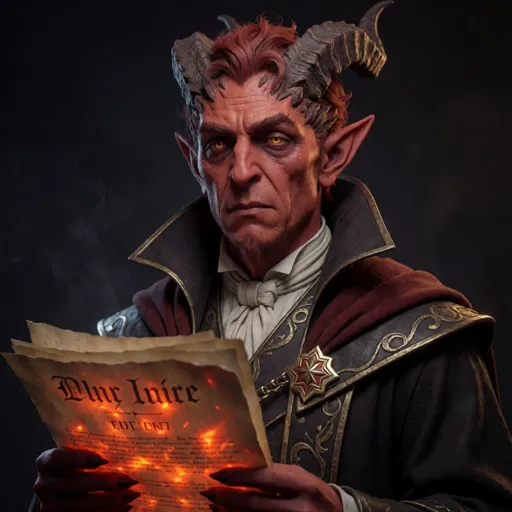 A frazzled tiefling warlock with deep red skin and back-swept horns in slightly-too-formal robes, clutching a sheaf of ominous glowing contract paperwork with a put-upon expression — he did not sell his soul so much as skip the fine print on a predatory magical loan, his patron a passive-aggressive middle-manager.