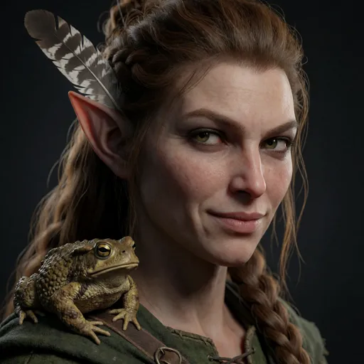 A nondescript half-elf woman druid with faintly pointed ears and a sly, knowing look, a very still garden toad on one shoulder and a pigeon feather tucked behind one ear — she shapeshifts only into the most boring creatures imaginable (housefly, pigeon, garden toad), purely to sit unnoticed and eavesdrop.