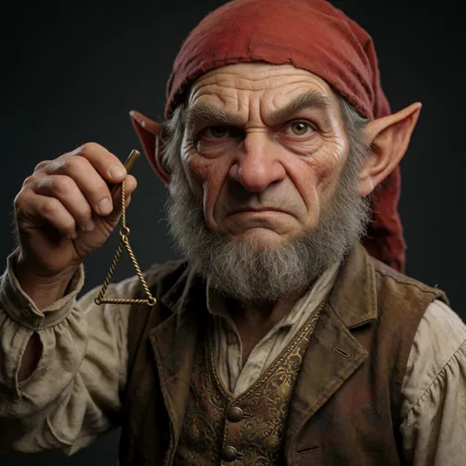 A deadpan gnome bard with pointed ears and a dry, weathered, characterful face in fine performer’s clothes, holding up a single tiny triangle and its striker with utter seriousness, one eyebrow raised — no musical talent at all, his lone instrument struck once at exactly the right dramatic moment.