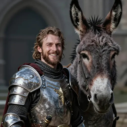 An earnest human paladin in polished plate, beaming with noble purpose, beside the long, unimpressed face of a scruffy grey donkey — her holy mount, who could not possibly look less impressed.