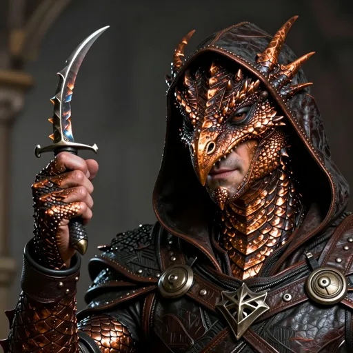 A sleek dragonborn man with copper scales and a reptilian snout, a sly hooded look and dark leathers, holding up a single gleaming talon like a lockpick — he opens any lock with the tip of one claw.