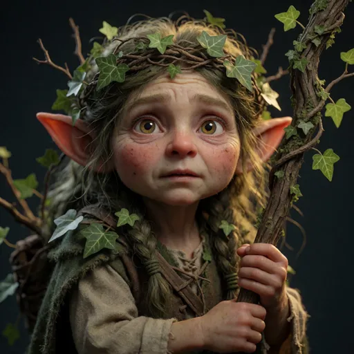 A small gnome druid with pointed ears and a nervous, weathered, characterful face, ivy and twigs tangled awkwardly in her hair, clutching a sprouting staff — city-born and quietly terrified of the very wilderness she protects.