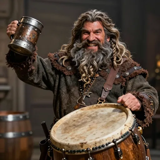 A barrel-chested dwarf man with a wild braided beard and a booming grin, a great war-drum slung across his chest and a tankard raised mid-shanty — he fights with rhythm and filthy sea songs.