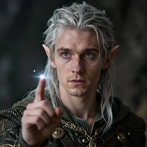 A curious, lanky young elf man with tousled silver hair, pointed ears and bright inquisitive eyes, in travel-worn robes, a tiny spell glittering at his fingertips — collecting one new spell from every town he passes through.