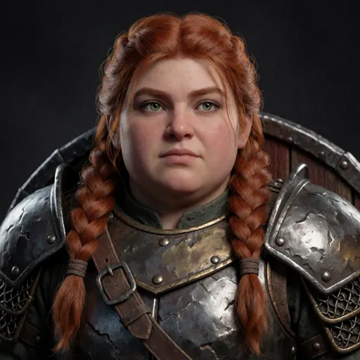 A stout dwarf woman fighter with braided auburn hair and a hard, proud jaw, in dented caravan-guard armour with a shield slung ready — a disgraced knight taking mercenary work to rebuild her ruined name.