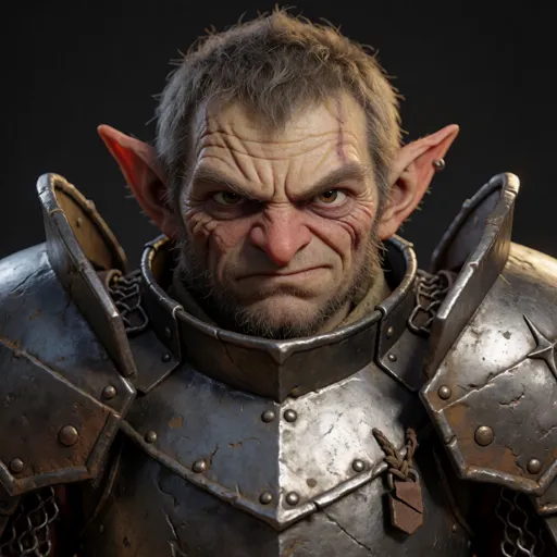 A small, wiry gnome fighter with pointed ears and a weathered, characterful face set in a determined squint, all but swallowed by homemade plate armour three sizes too big, peering out over enormous pauldrons — small, stubborn, unshakeable.
