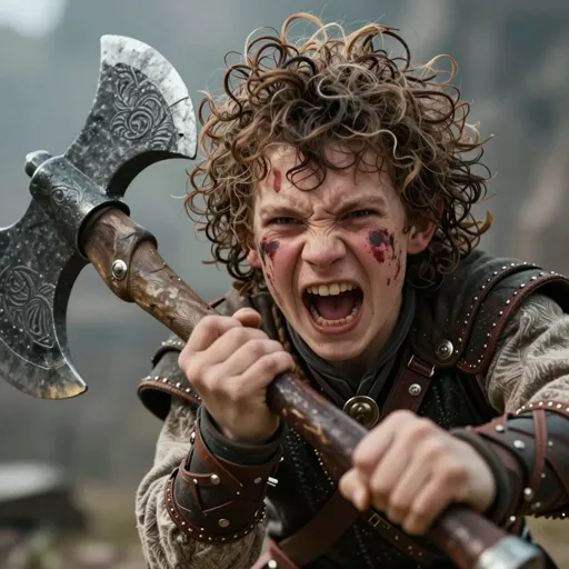 A small, round-faced halfling with curly hair and smeared war-paint, roaring mid-charge with a notched axe far too big for him — a knee-high fury who rides a war-boar into battle and fears nothing twice his size.