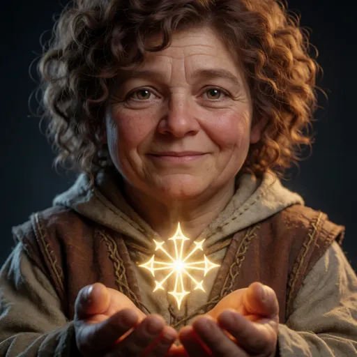 A warm halfling woman cleric, short with curly hair and a kind, weathered, realistic face, a holy symbol glowing softly in her cupped hands — the healer, who keeps everyone standing, no matter what.