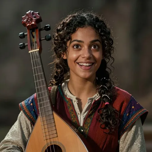 A wide-eyed, petite young human woman with dark curls, in colourful traveling clothes, a lute over her shoulder and an eager, hopeful smile — already writing the party’s legend as it happens.