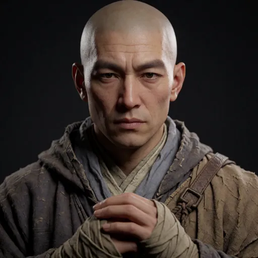 A lean, shaven-headed human monk in simple travel robes with wrapped hands and a still, disciplined gaze that hides a banked fire — he left the monastery to hunt the brother who burned it down.