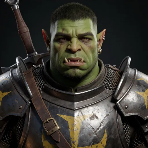 A broad green-skinned half-orc paladin with tusks, close-cropped hair and troubled eyes, in scuffed holy plate bearing the sigil of his order, sword sheathed — a devotion paladin quietly questioning everything that order taught him.
