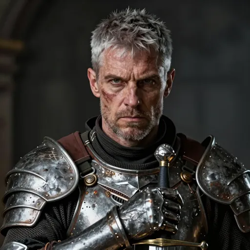 A grizzled human paladin with close-cropped greying hair, a scarred jaw and grimly determined eyes, in scratched well-worn plate, one hand resting on a sheathed sword — he broke his oath once and will die before he breaks it again.