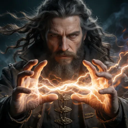 A focused human warlock bracing both hands as a massive bolt of crackling eldritch energy builds between them, eyes glowing and coat snapping in the magical wind — exactly one plan: stay far back and blast, treating eldritch power like a heavy cannon half-learned to aim.