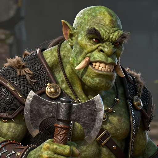 A towering green-skinned half-orc barbarian with tusks, neatly combed hair and a courteous, apologetic smile even mid-roar, axe lowered politely — unfailingly polite, even at the very peak of his rage.