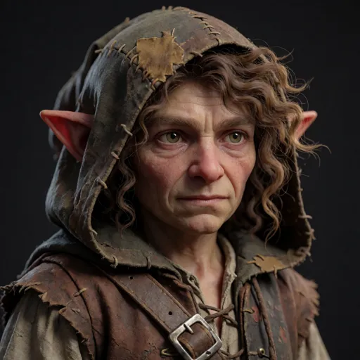 A small halfling rogue with messy curls, a lean, weathered, realistic face and sharp darting eyes, in a patched hood, clutching a stolen trinket too close — a street urchin who lifted the wrong thing, and now everyone is hunting him.