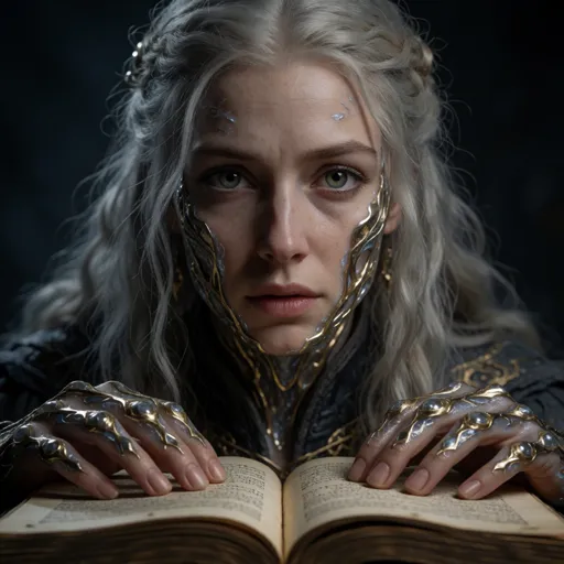 A human woman wizard with patches of skin turning to translucent, cracked glass along her jaw and hands, eyes wide with quiet dread above an open forbidden tome — racing the world for a cure before the glass reaches her heart.