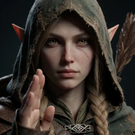 A quiet half-elf ranger with faintly pointed ears, a weathered hood and sharp, far-seeing eyes, one hand raised in a silent halt — the scout, who always spots the trouble first.