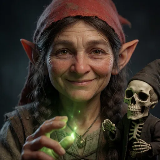 A gnome woman necromancer with pointed ears, a warm, weathered, characterful face and an unsettlingly serene smile, a neatly-dressed skeleton helper at her side and soft green light at her fingertips — she raises the dead only to help: skeletons as stretcher-bearers, undeath as the ultimate recycling.