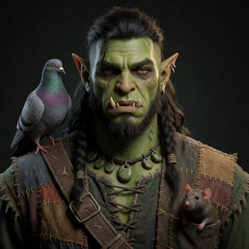 A green-skinned half-orc druid with tusks in patched city clothes, a pigeon perched on one shoulder and a rat peeking from a pocket, moss-green charms at his collar — guardian of the urban wild: strays, sewer rats, pigeons and the moss between cobblestones, and forests are overrated.