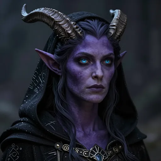 A tiefling woman with deep violet skin, swept-back horns and hollow, searching eyes, in a dark hooded cloak threaded with faintly glowing sigils — she pawned her memories, not her soul, and wants them back.