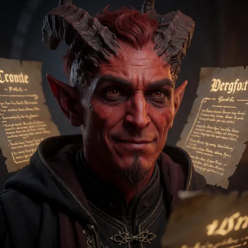 A tiefling man with deep crimson-red skin, back-swept horns and a sly, anxious smile, in dark scholar robes amid faintly glowing contract-script — a fiend-pact warlock bargaining, clause by clause, to wriggle out of his own contract.