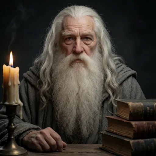 An ancient human wizard with a long white beard, wild brows and dust-grey robes, blinking warily as if at sudden light, a guttered candle and stacked tomes around him — a hermit who has not spoken to another living soul in a decade.